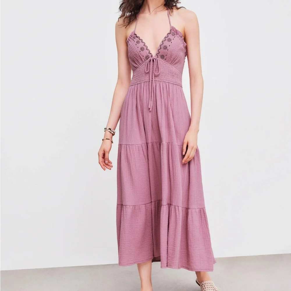 Cider Halter Knotted Shirred Ruffle Maxi Dress - Picture 2 of 10